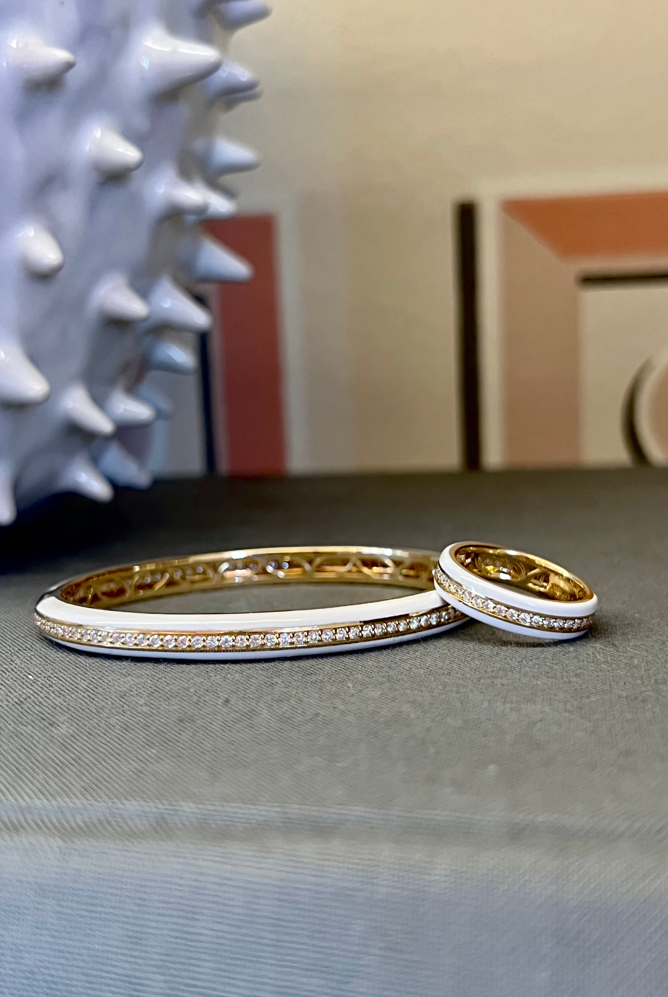 White Ceramic Yellow Gold and Diamond Bangle - Ammrada