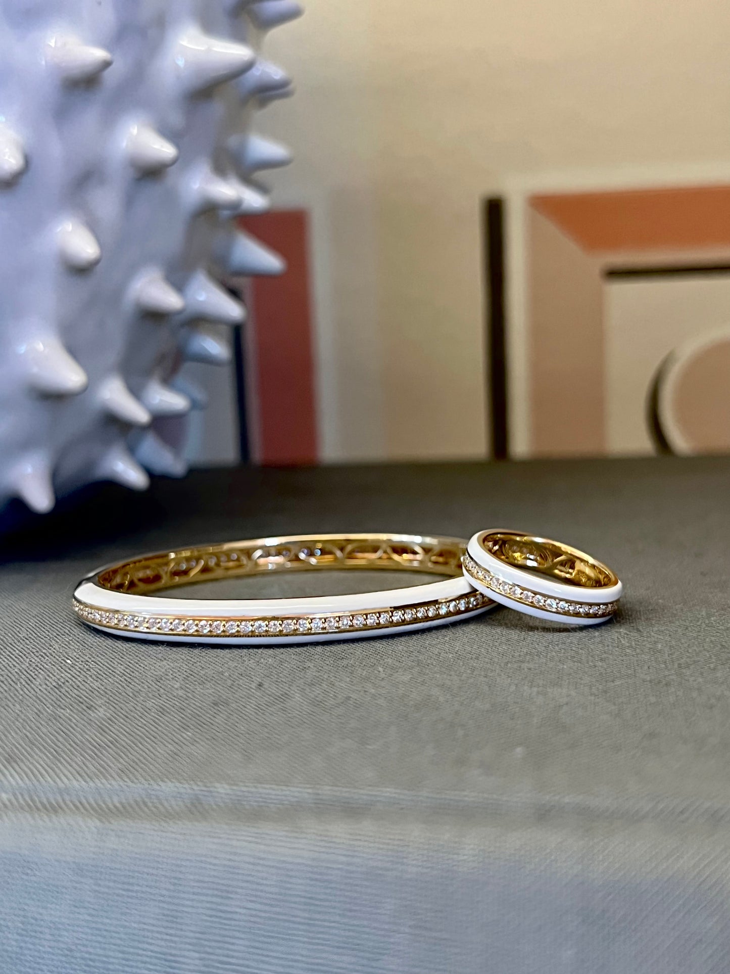 White Ceramic, Yellow Gold, and Diamond Bangle