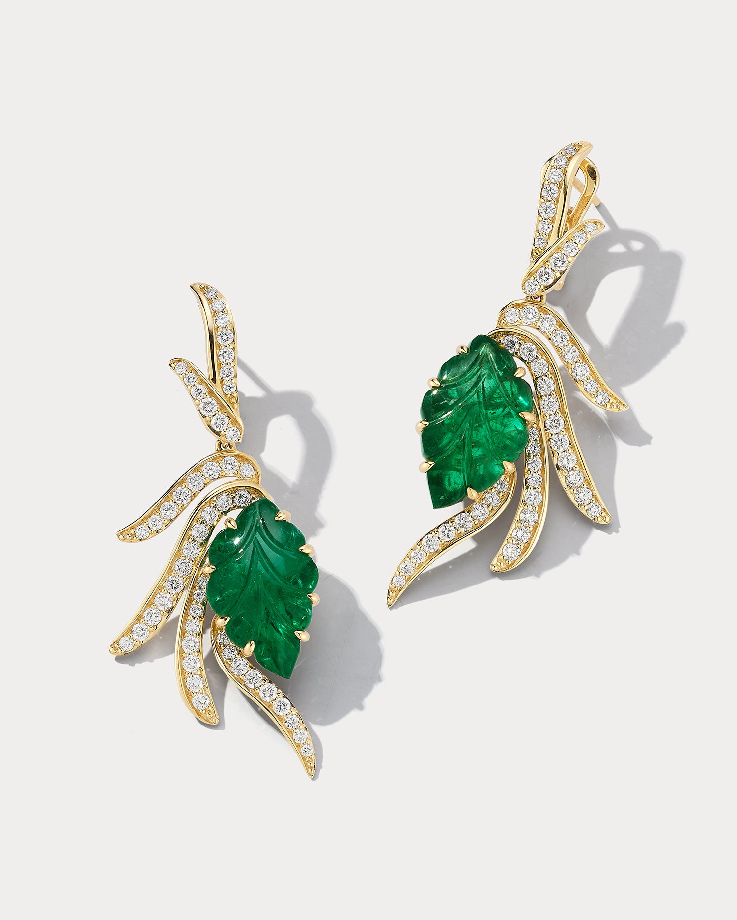 Yellow Gold & Carved Emerald Hanging Diamonds Earrings - Ammrada