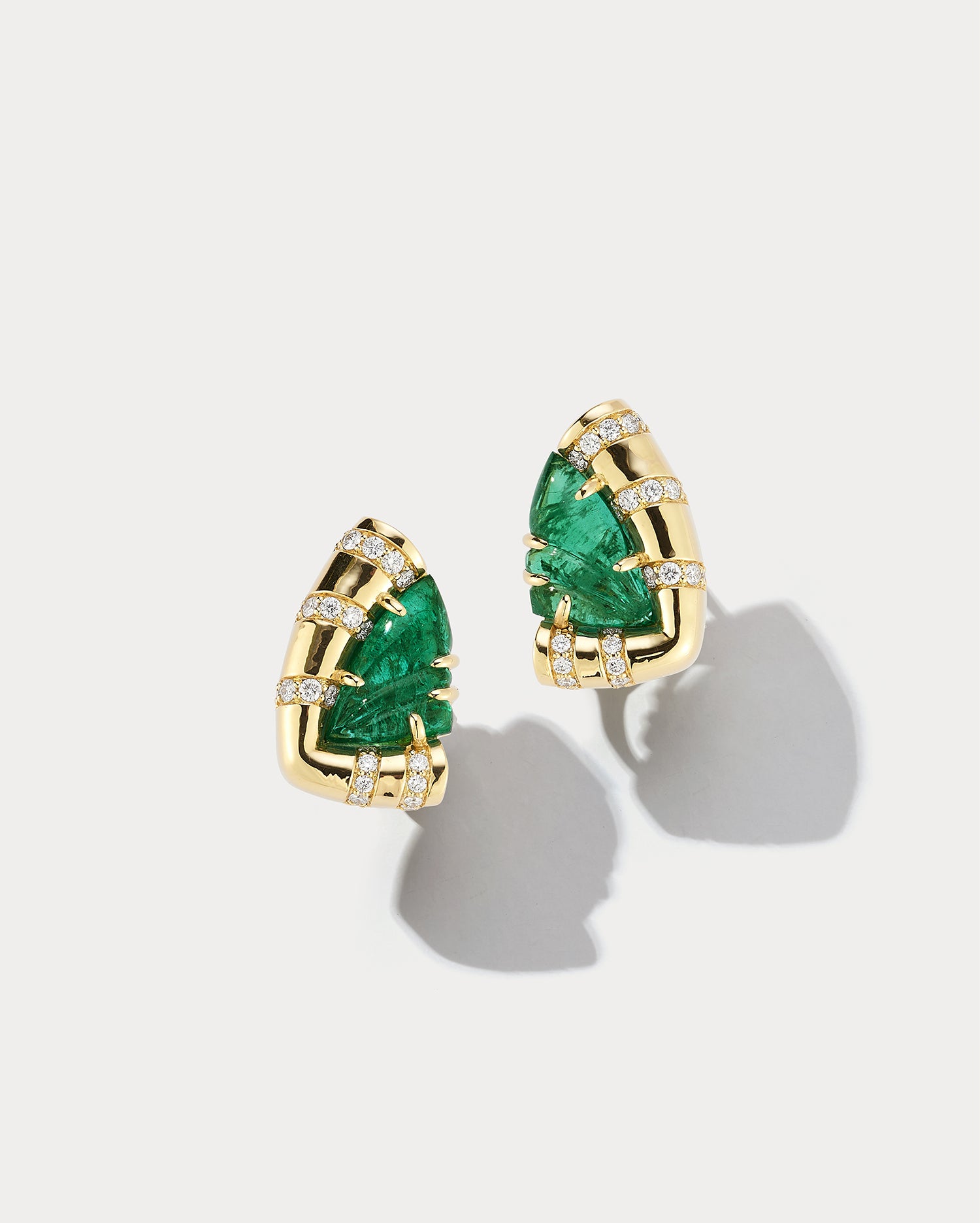 Yellow Gold & Carved Emerald Butterfly Button Earrings - Ammrada