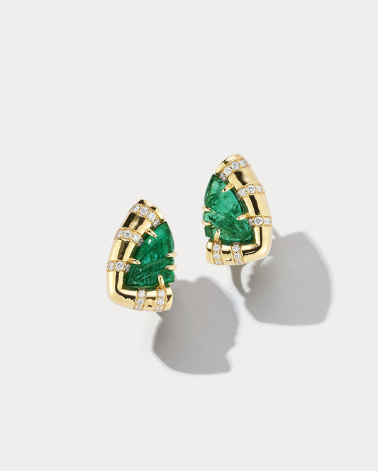 Yellow Gold & Carved Emerald Butterfly Button Earrings