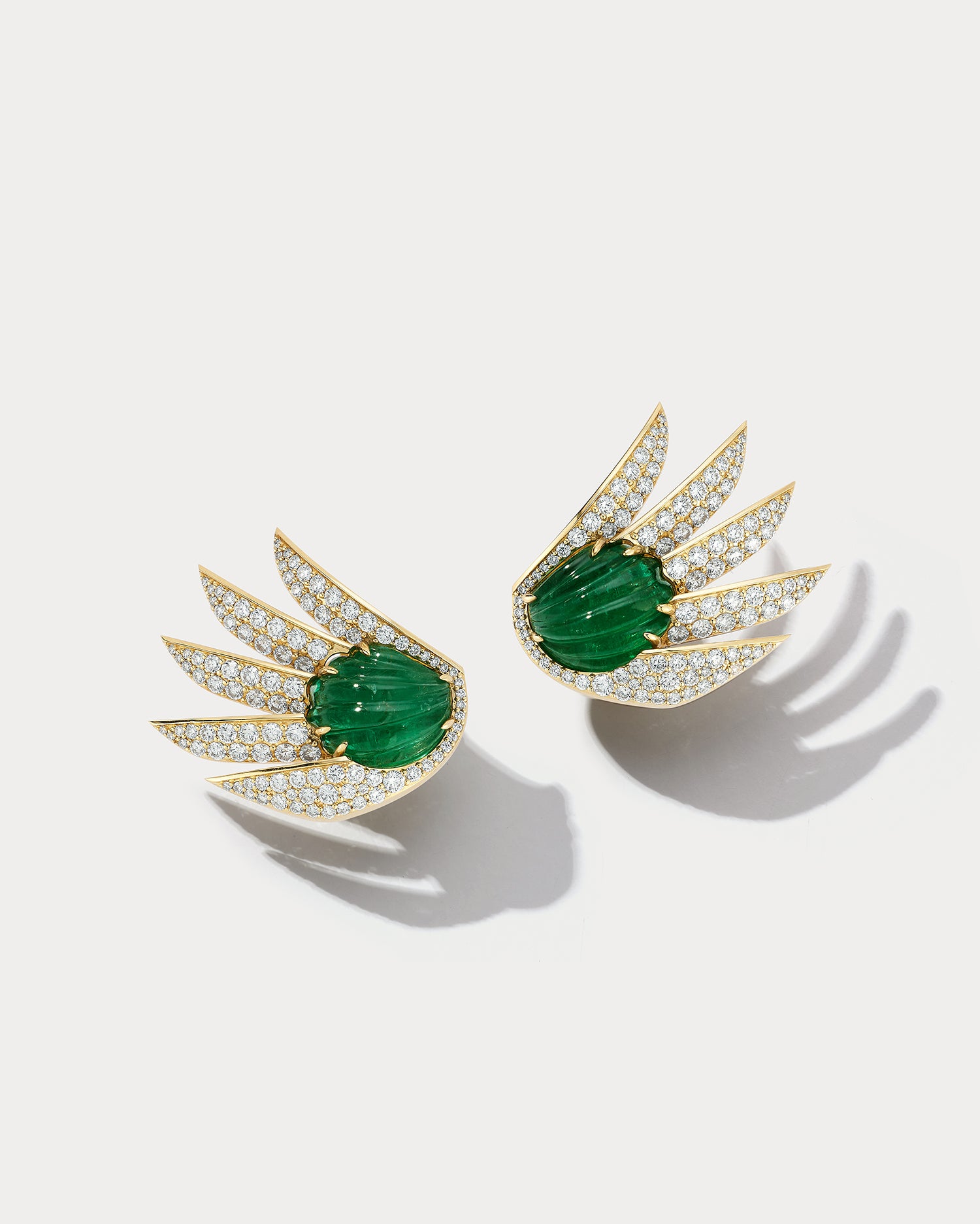 Yellow Gold & Carved Emerald Large Flower Diamond earrings - Ammrada