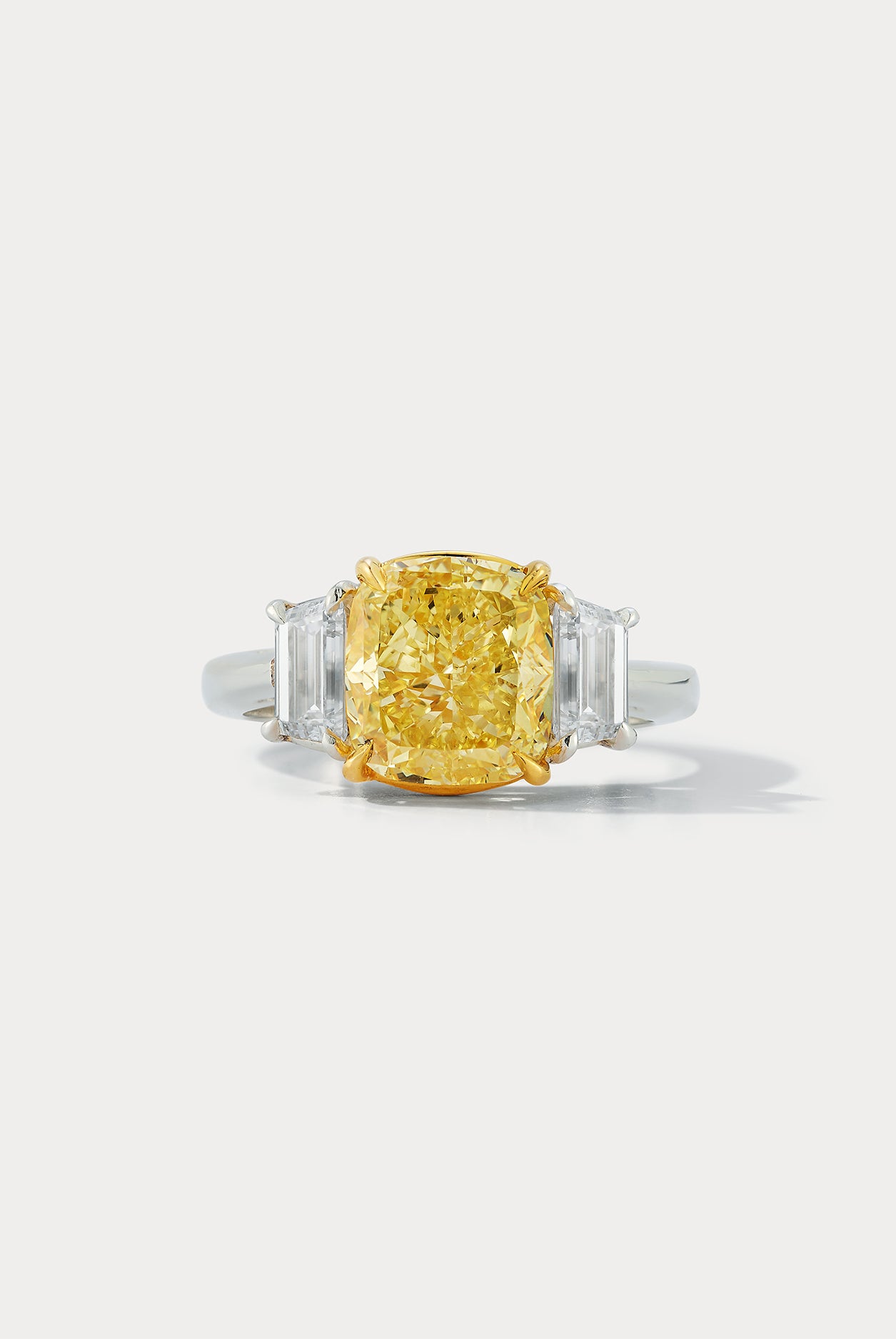 4.01 Fancy Intense Yellow Cushion-cut Center Stone Three-stone Ring - Ammrada