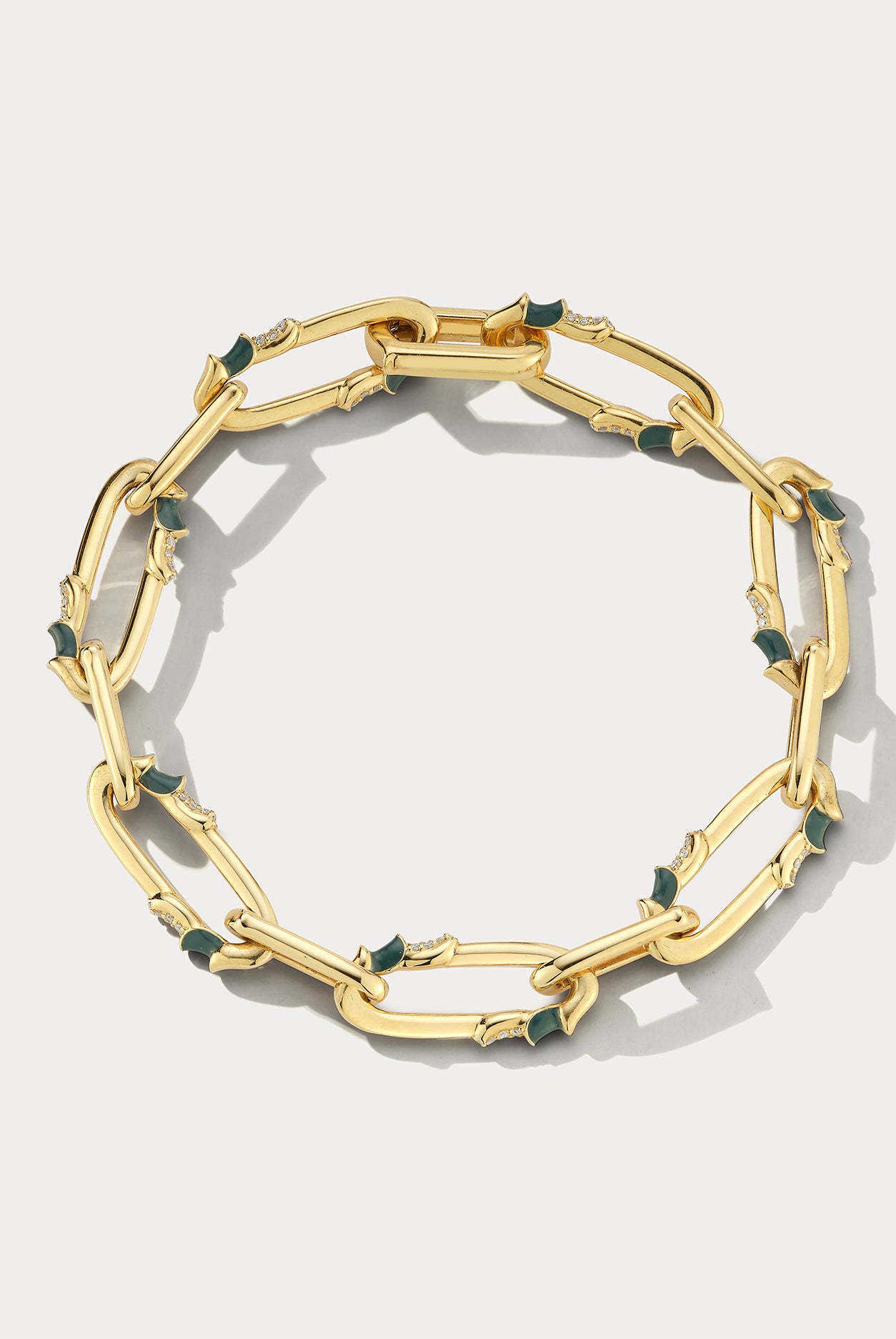 Yellow Gold, Teal Enamel, and Diamond Chain Bracelet - Ammrada
